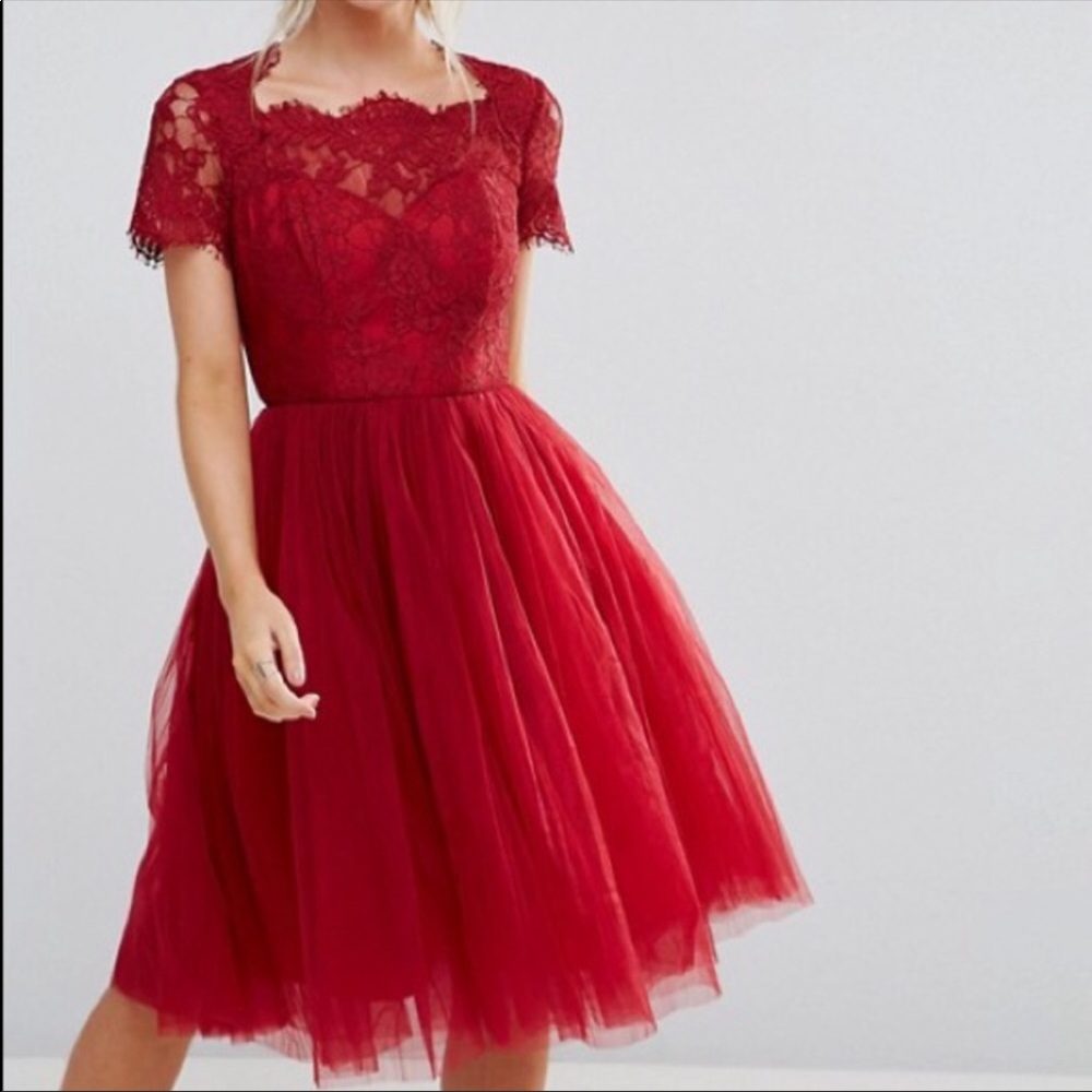 Chi chi London lace up red tulle dress